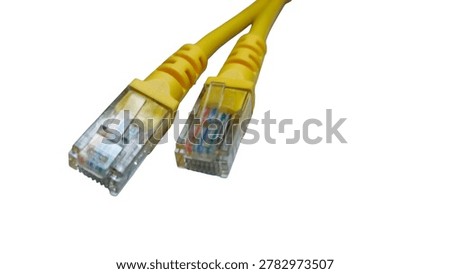 Macro shot of yellow patch cord ethernet RJ45 connectors leading into perspective. Local area network web link and computer system engineering concept.