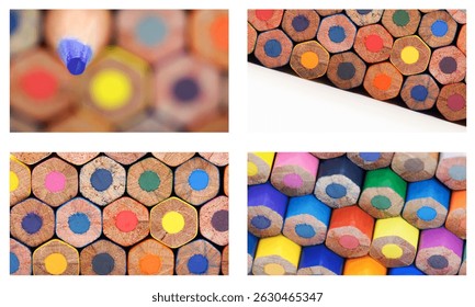 macro shots highlight the textures and hexagonal geometry of color cores of colored pencil bases