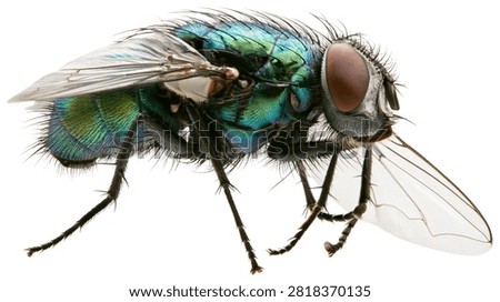 Macro side view of a metallic green common blowfly with iridescent wings