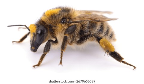 Macro side view of a wild bee carrying pollen on the hind legs, isolated on white background. Unidentified Apidae pollinator suitable for ecology, agriculture and science topics.
