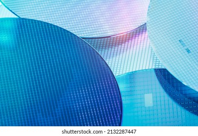 Macro of silicon wafer semiconductor with neon color, integrated circuits to manufacture CPU and GPU