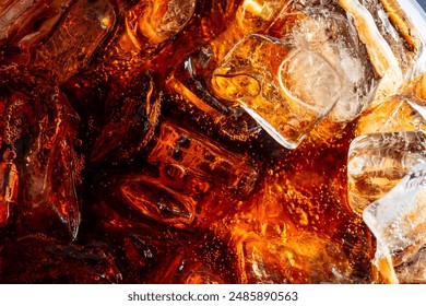 Macro soft drink and ice drink texture,Cola and ice cubes macro texture. Cola drink with ice closeup background.