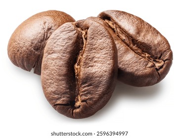 Macro stacking shot of three roasted coffee beans on white background. File contains clipping path.