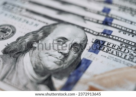 Macro texture banknotes shot close up 100 american dollar bills. Cash money banknotes. Franklin face texture, USD cash macro view.	