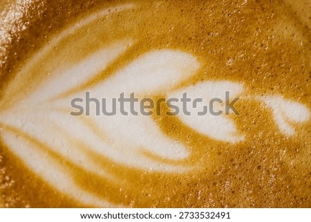 Macro Texture of Professional Heart Shape Latte Art Foam, Creamy Espresso Microfoam Background for Coffee Shop and Bakery Menu, Artistic Barista Coffee Craftsmanship Top View