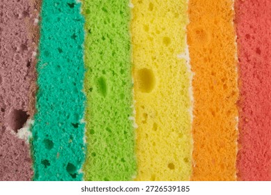 Macro texture of a vibrant rainbow layer cake. Close-up background of colorful sponge cake with vertical stripes of purple, teal, green, yellow, orange, and red. - Powered by Shutterstock - Get 15% off with code: PIKWIZARD15
