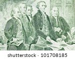 Macro of US two dollar bill.  Jefferson, Franklin, Adams and other Colonials presenting the Declaration of Independence to Congress.