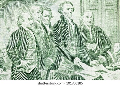 Macro Of US Two Dollar Bill.  Jefferson, Franklin, Adams And Other Colonials Presenting The Declaration Of Independence To Congress.