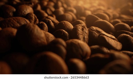 Macro View Of Aromatic Roasted Coffee Beans. Natural textured surface. Rich aroma, caffeine concept. Morning energy. Fresh organic seeds. Brazilian arabica harvest. High quality