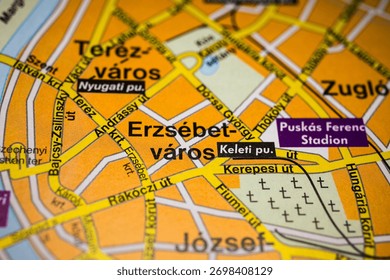 Macro view of Budapest map highlighting Erzsébetváros Keleti station and nearby areas