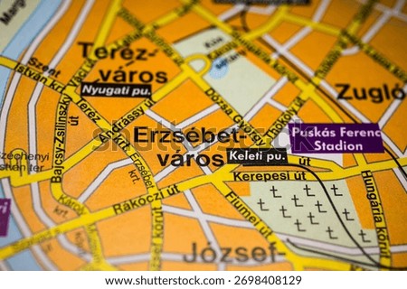 Macro view of Budapest map highlighting Erzsébetváros Keleti station and nearby areas