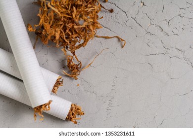 Macro View Of The Cigarettes And Tobacco Stack. The Tobacco Plant Is Part Of The Genus Nicotiana And Of The Solanaceae (nightshade) Family. Close Up With Copy Paste Space, In The Gray Background