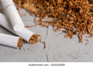 Macro View Of The Cigarettes And Tobacco Stack. The Tobacco Plant Is Part Of The Genus Nicotiana And Of The Solanaceae (nightshade) Family. Close Up With Copy Paste Space, In The Gray Background