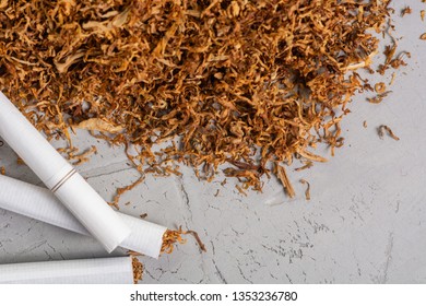 Macro View Of The Cigarettes And Tobacco Stack. The Tobacco Plant Is Part Of The Genus Nicotiana And Of The Solanaceae (nightshade) Family. Close Up With Copy Paste Space, In The Gray Background