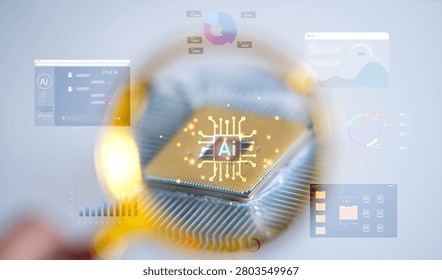 Macro view of computer processor through magnifying glass showing semiconductor chip, CPU architecture and microelectronics. Concept of artificial intelligence, hardware inspection and digital technology.