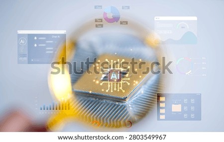 Macro view of computer processor through magnifying glass showing semiconductor chip, CPU architecture and microelectronics. Concept of artificial intelligence, hardware inspection and digital technology.