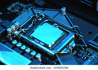 Macro view of CPU, socket, memory on PC computer motherboard