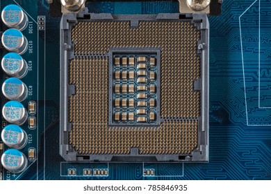 Macro view of CPU socket on PC computer motherboard