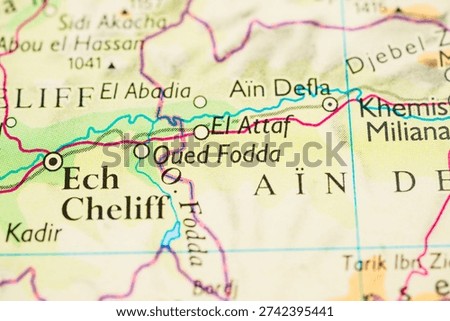 Macro view of Ech Cheliff and Oued Fodda on Algeria road map