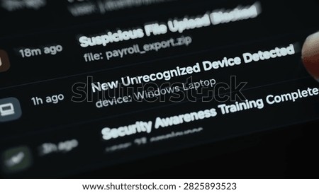 Macro view of an incident feed focused on a suspicious payroll file and an unrecognized computer.