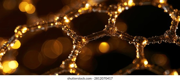 Macro view of a luminous hexagonal lattice, resembling a molecular structure, adorned with sparkling golden fairy lights against a dark background.