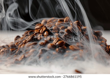 Macro view of roasted coffee beans with dense, flowing steam drifting across the frame, highlighting texture and warmth against a dark background with subtle copy space