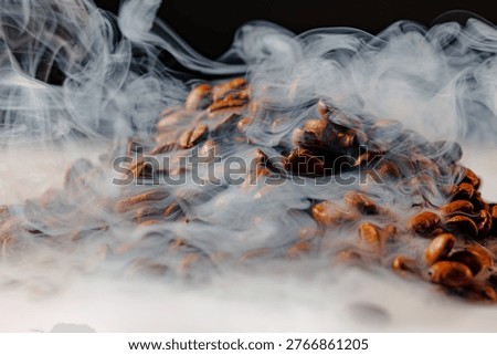 Macro view of roasted coffee beans with dense, flowing steam drifting across the frame, highlighting texture and warmth against a dark background with subtle copy space