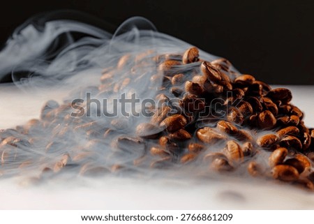 Macro view of roasted coffee beans with dense, flowing steam drifting across the frame, highlighting texture and warmth against a dark background with subtle copy space