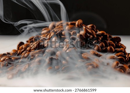 Macro view of roasted coffee beans with dense, flowing steam drifting across the frame, highlighting texture and warmth against a dark background with subtle copy space