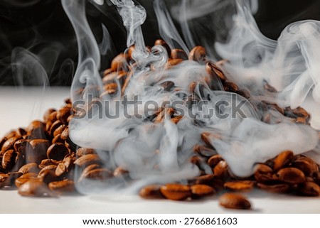 Macro view of roasted coffee beans with dense, flowing steam drifting across the frame, highlighting texture and warmth against a dark background with subtle copy space