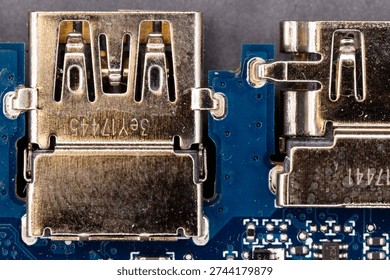 Macro view showing electronic components and connectors on a motherboard
