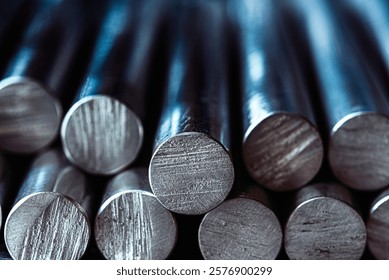 Macro view of stack aluminum rods, metallurgical industry products