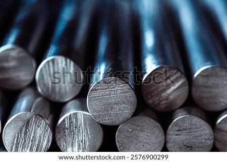 Macro view of stack aluminum rods, metallurgical industry products