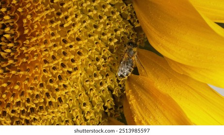 Macro view of sunflower plant with honeybee collecting nectar in blooming field. Insects gathering pollen. Pollination, nature, floral background, landscape plantation. Agriculture, harvest concept. - Powered by Shutterstock