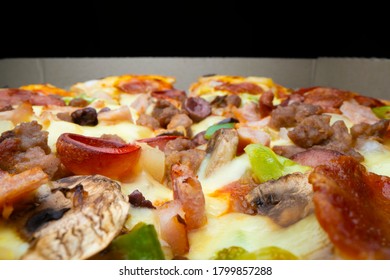 Macro view of takeaway pizza, shot with macro probe lens