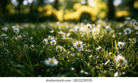 A macro view of a vibrant meadow teeming with small white daisies and lush green grass, bathed in the warm glow of natural sunlight.