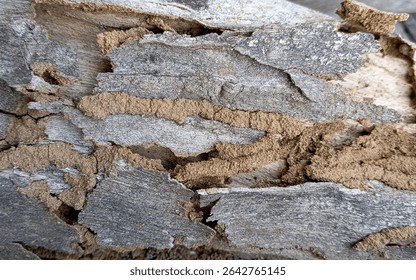 A macro view of wood decay, showing brown termite mud packed between the cracked and peeling grey bark. The image highlights the rough textures and natural patterns of insect infestation.