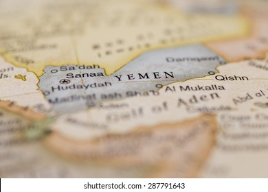 Macro of Yemen on a globe, narrow depth of field