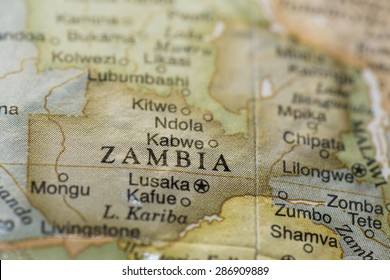 Macro of Zambia on a globe, narrow depth of field