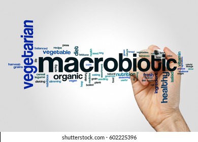 Macrobiotic word cloud concept on grey background