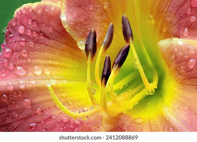 Macrophotograph of raindrops on daylily blossom with rose colored petals and yellow-green throat. Rrefraction of flower appears in tiny delicate droplets clinging to pistil and pollen-bearing stamens.