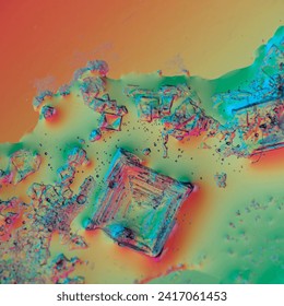 macrophotography of salt crystals in water backlit
