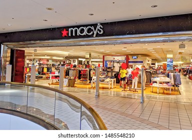 Macy's Retailer Storefront Entrance Shopping Mall Top Level, Saugus Massachusetts USA, August 7, 2019