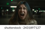 Mad angry crazy Asian korean chinese japanese girl shout in car parking furious woman annoyed businesswoman client speak loud screaming talk solve conflict feel anger rage talking scream webcam view