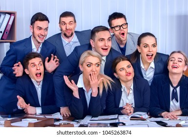 Mad Business People Office In High School Celebrate Successful Passing Exams. Team Student College Rejoice Project. Peoples Fooled To Give Bunny Fingers Prank. They Make Faces With Joy. Phthous Memory