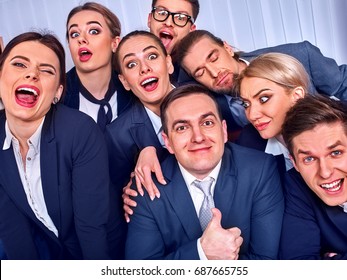 Mad Business People Office In High School Celebrate Successful Passing Exams. Team Student College Rejoice Project. Men And Women Fooled To Give Bunny Fingers Prank. They Do The Salfi.They Make Faces