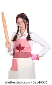 Mad Housewife With A Rolling Pin On White Background