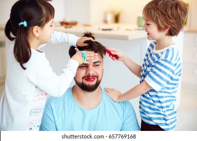 Mad Kids Making Crazy Hairstyle And Makeup To Dad At Home