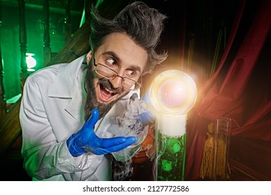 Mad Scientist Obsessively Conducts Scientific Experiments Stock Photo ...