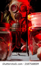 Mad Scientist Scene, Shot In Studio, Red Hue, 